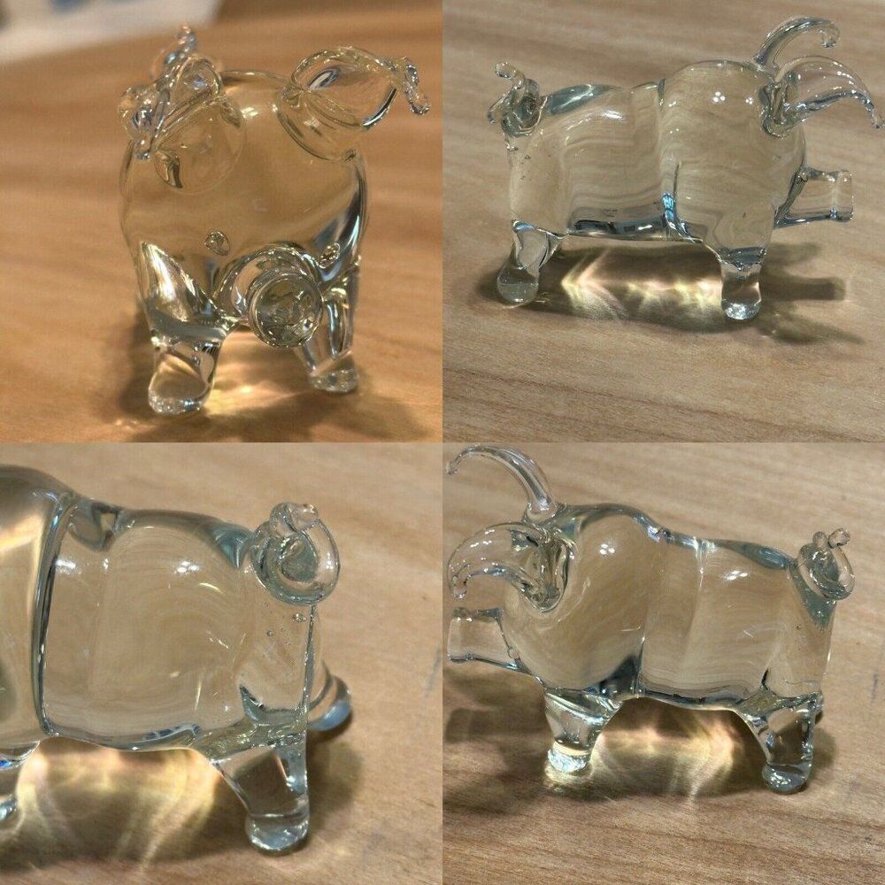 HAND BLOWN CLEAR GLASS PIG HOG FIGURINE Curly Tail Pointy Ears Farm Art Glass